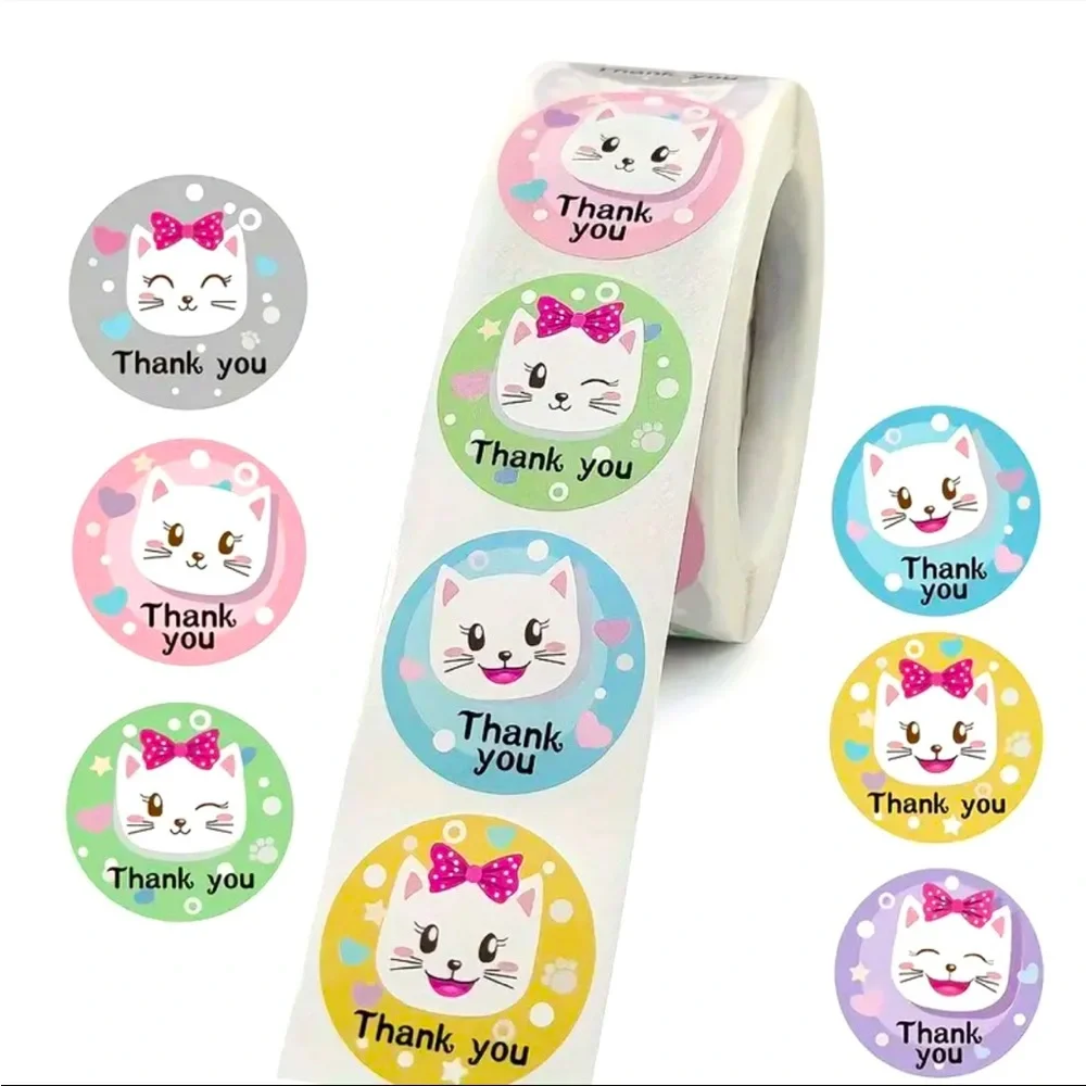 Roll of 500 Cute White Kitty Cat Round Thank You Stickers